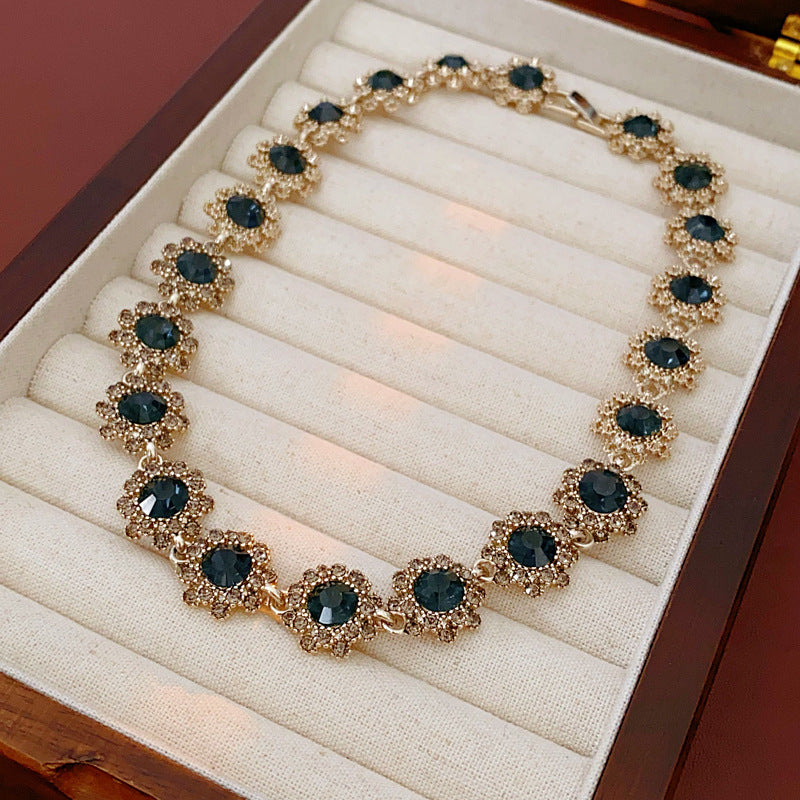 Vintage Floral Flower Earrings Bracelet Necklace Set for Women Alloy Jewelry with Rhinestone Inlay Locket Chain Minimalist Elegant Luxury Style