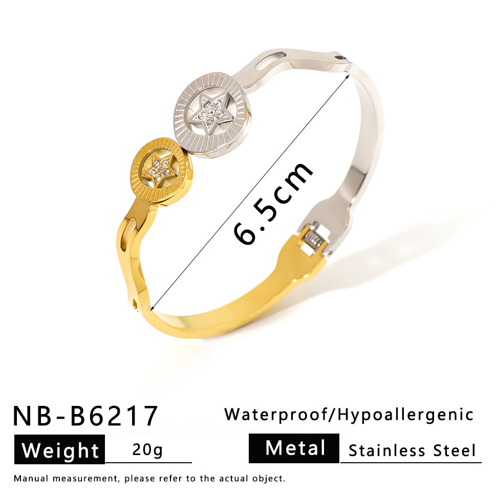 Minimalist Asymmetrical Stainless Steel Bracelet with Gold Plating Featuring Floral and Star Motifs and Linear Design