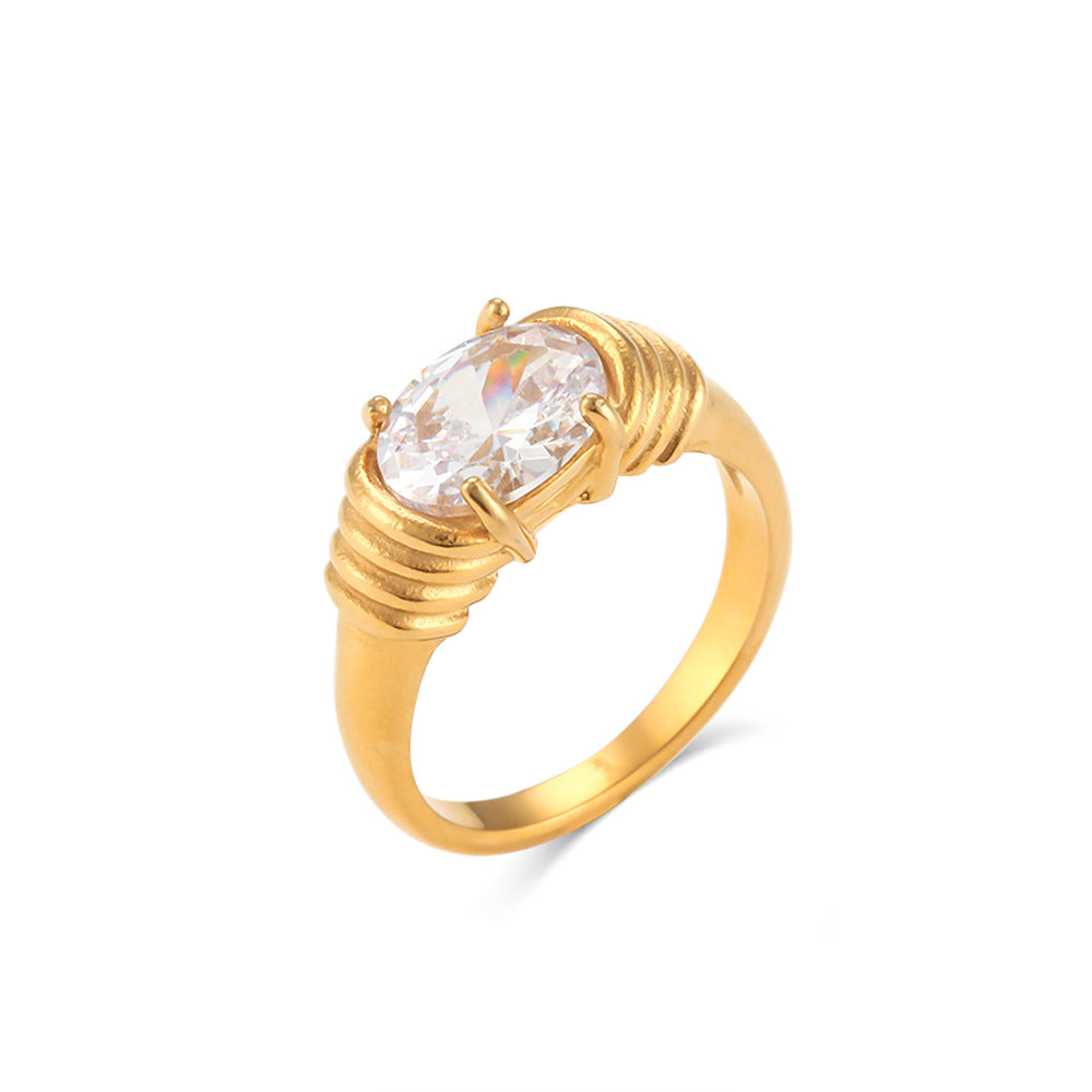 Anello ovale minimalista alla moda con zirconi in acciaio inossidabile con finitura placcata da donna