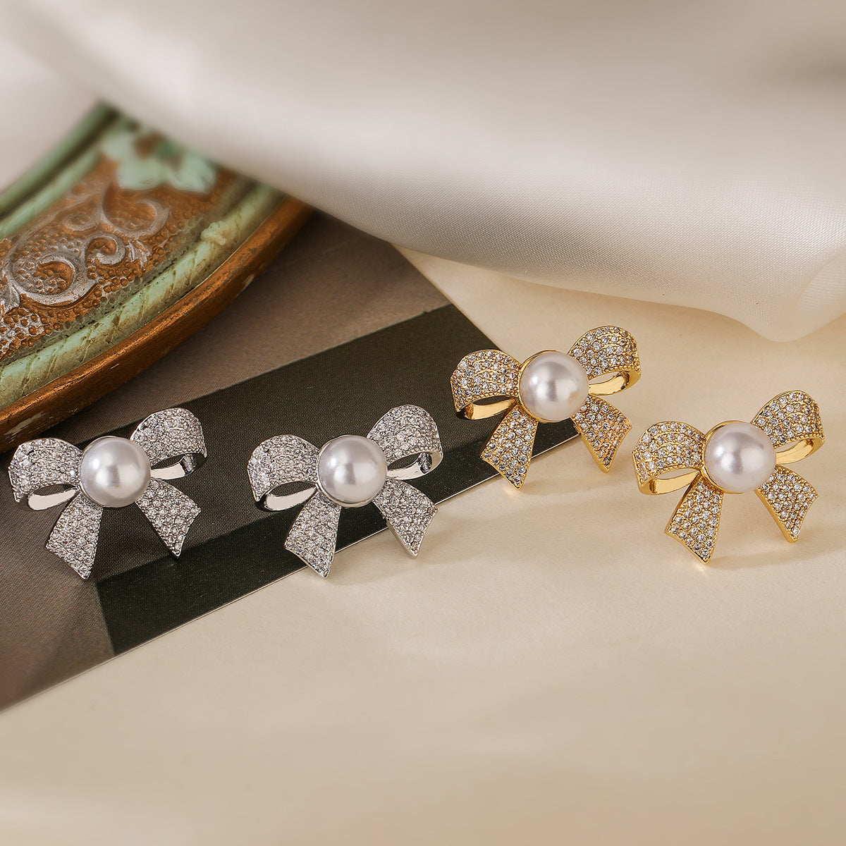 Elegant Bow-Shaped Copper Earrings with 18K Gold Plating and Zircon Inlay for Women