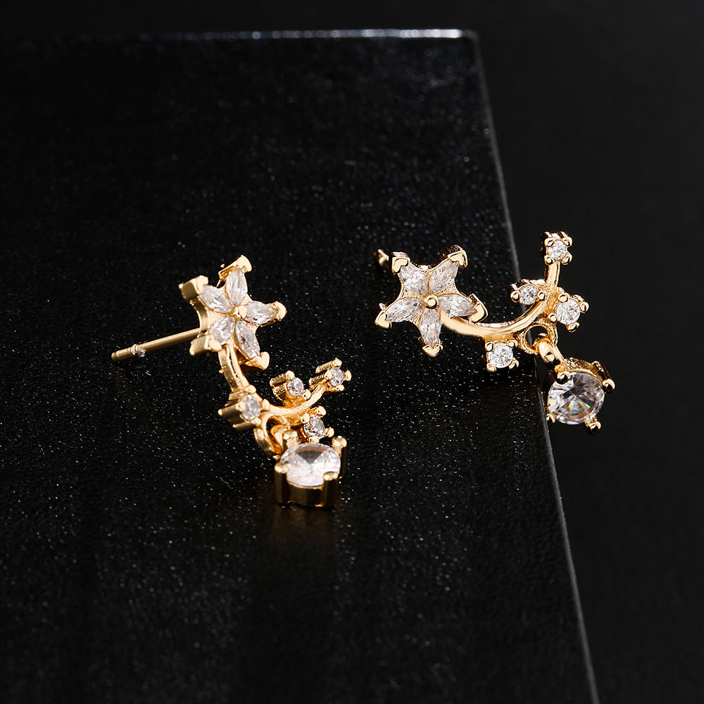 Orecchini a perno da donna a fiocco floreale creativi in rame con placcatura in oro 18K e intarsio in zircone