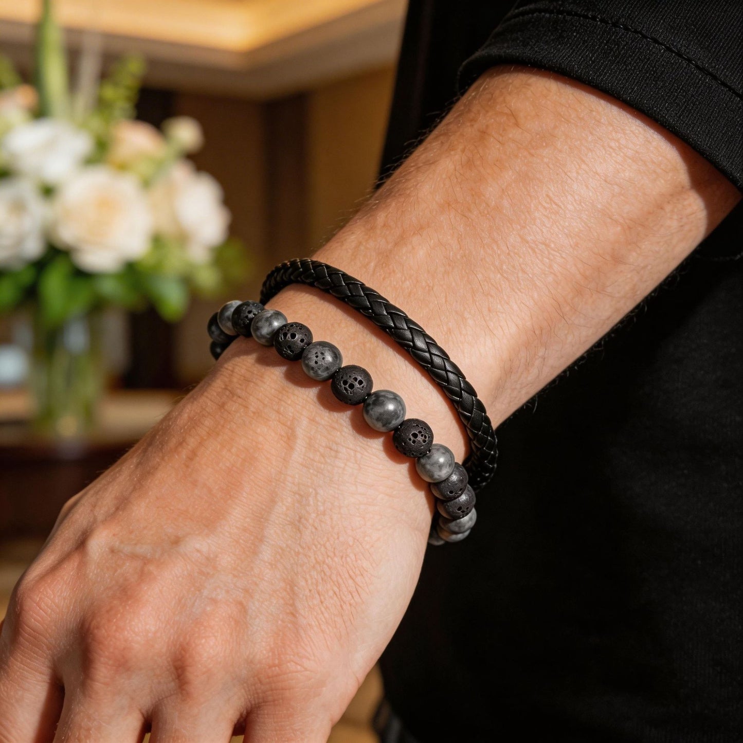 Hip-hop Geometric Round Tiger Eye Volcanic Stone Leather Bracelet with Magnetic Clasp for Unisex