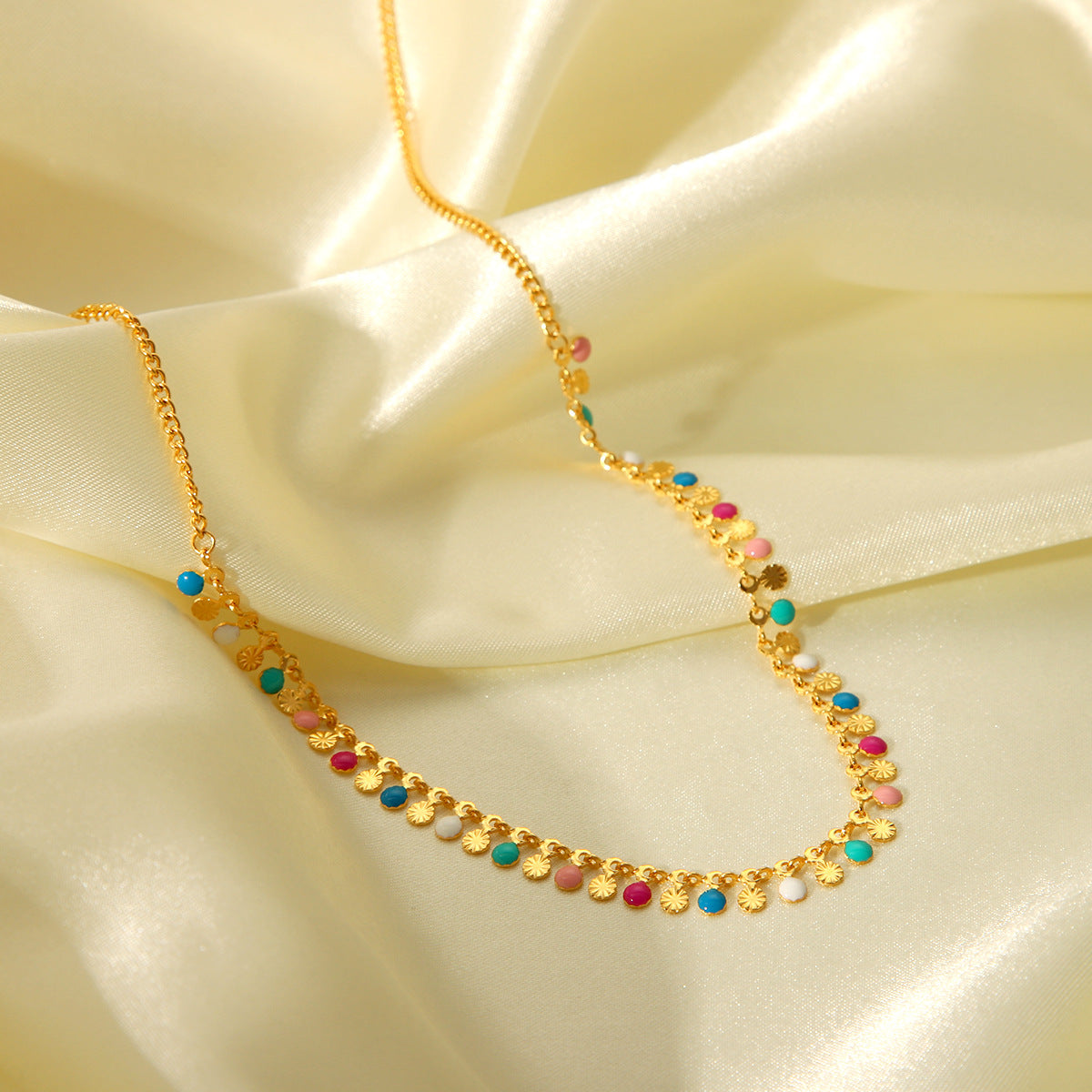 Minimalist Geometric Stainless Steel Clavicle Necklace with Enamel Accents and Tassel Pendant for Women