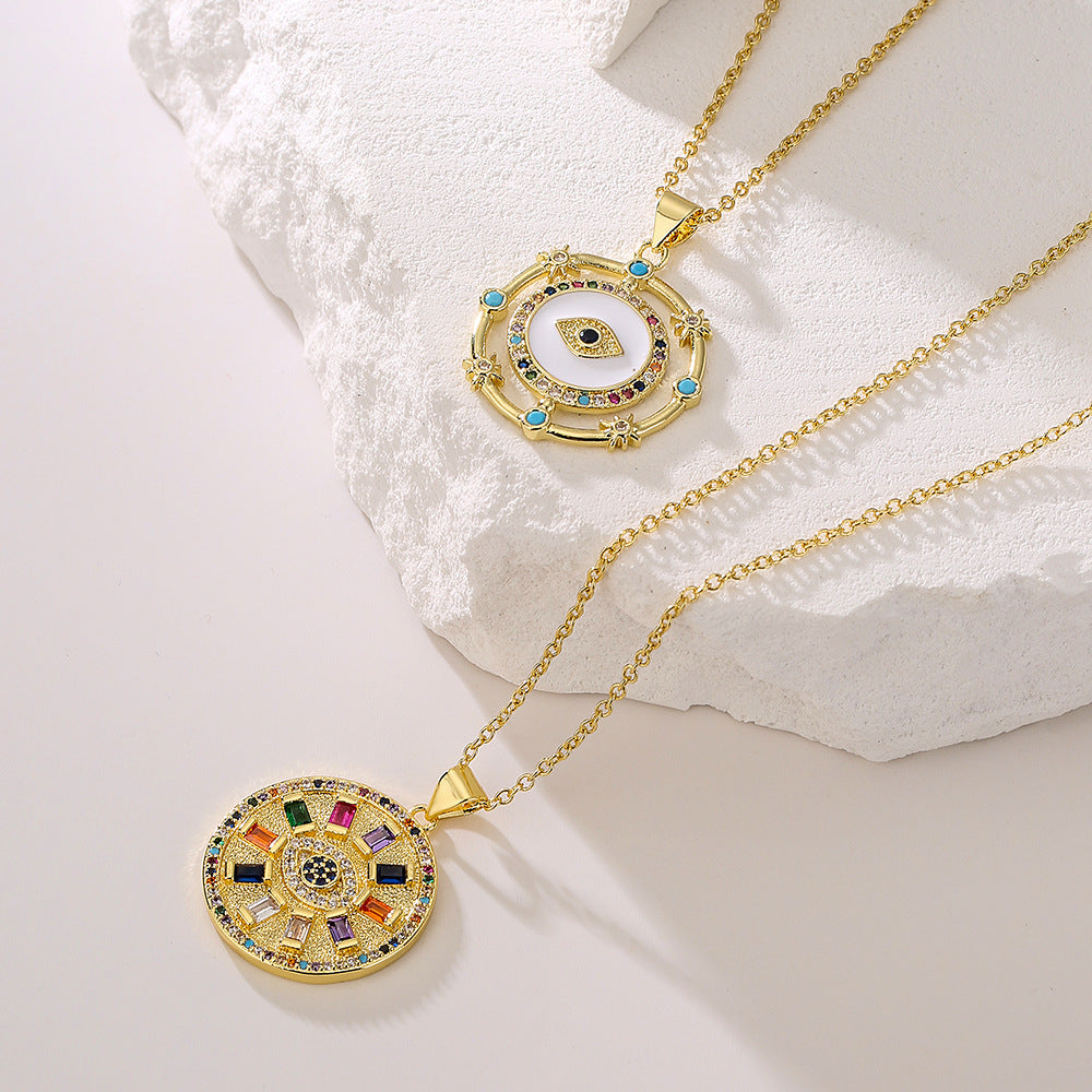 Collana pendente con occhio turco geometrico minimalista in rame placcato oro 18 carati e zirconi, da donna