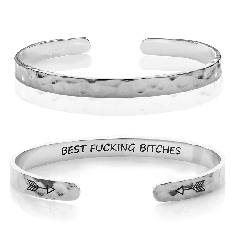 Minimalist Stainless Steel Engraved Open Moon Surface Textured Hammered Bracelet