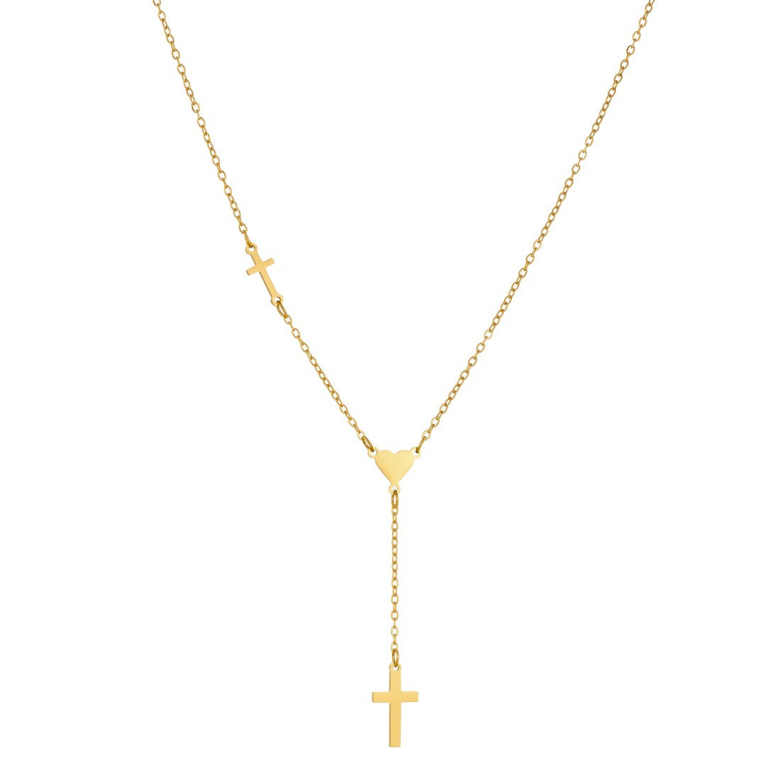 Gold Plated Stainless Steel Cross Heart Pendant Necklace with Tassel for Women