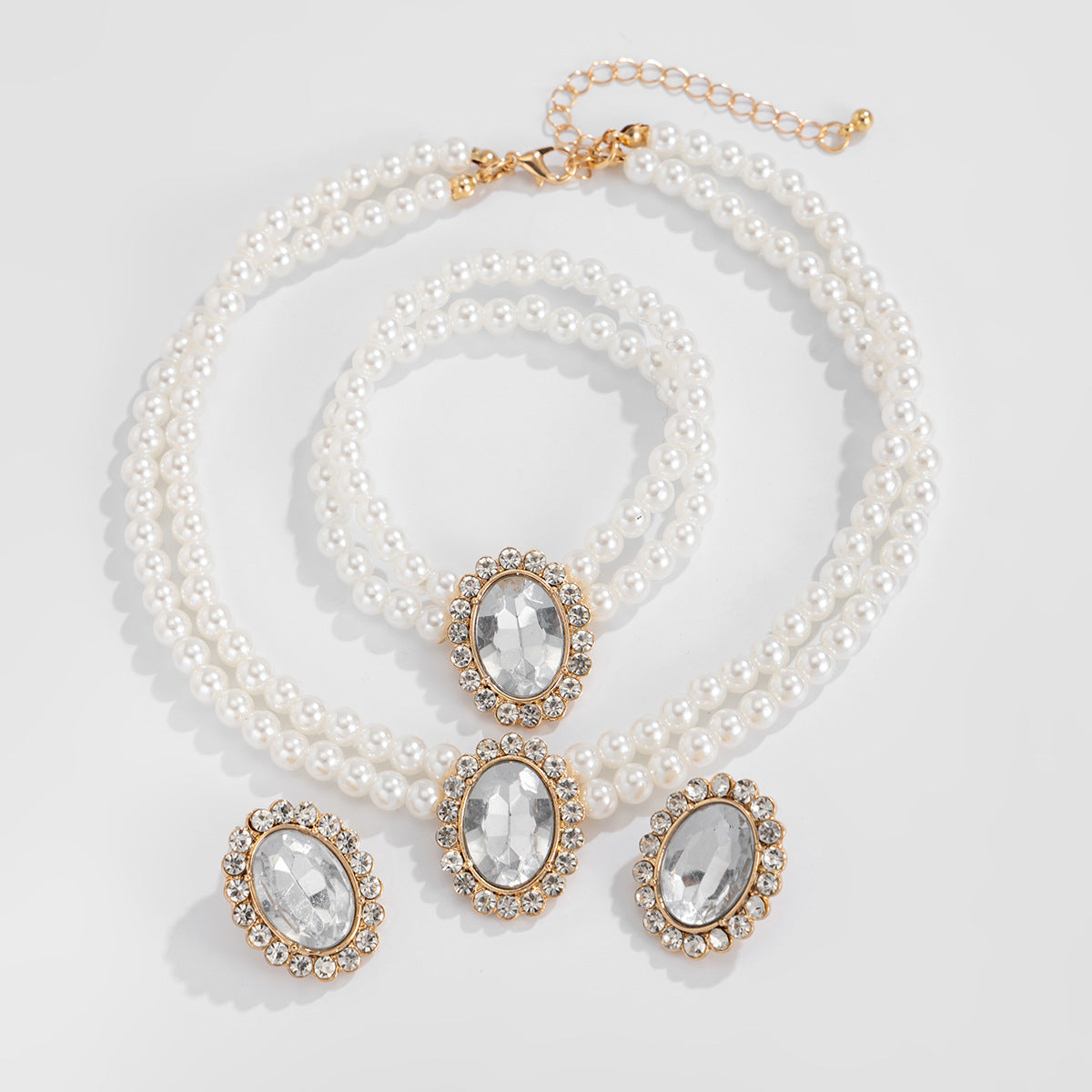 Elegant Luxury Geometric Alloy Plated Necklace Set with Faux Pearl and Gemstone Inlay for Women