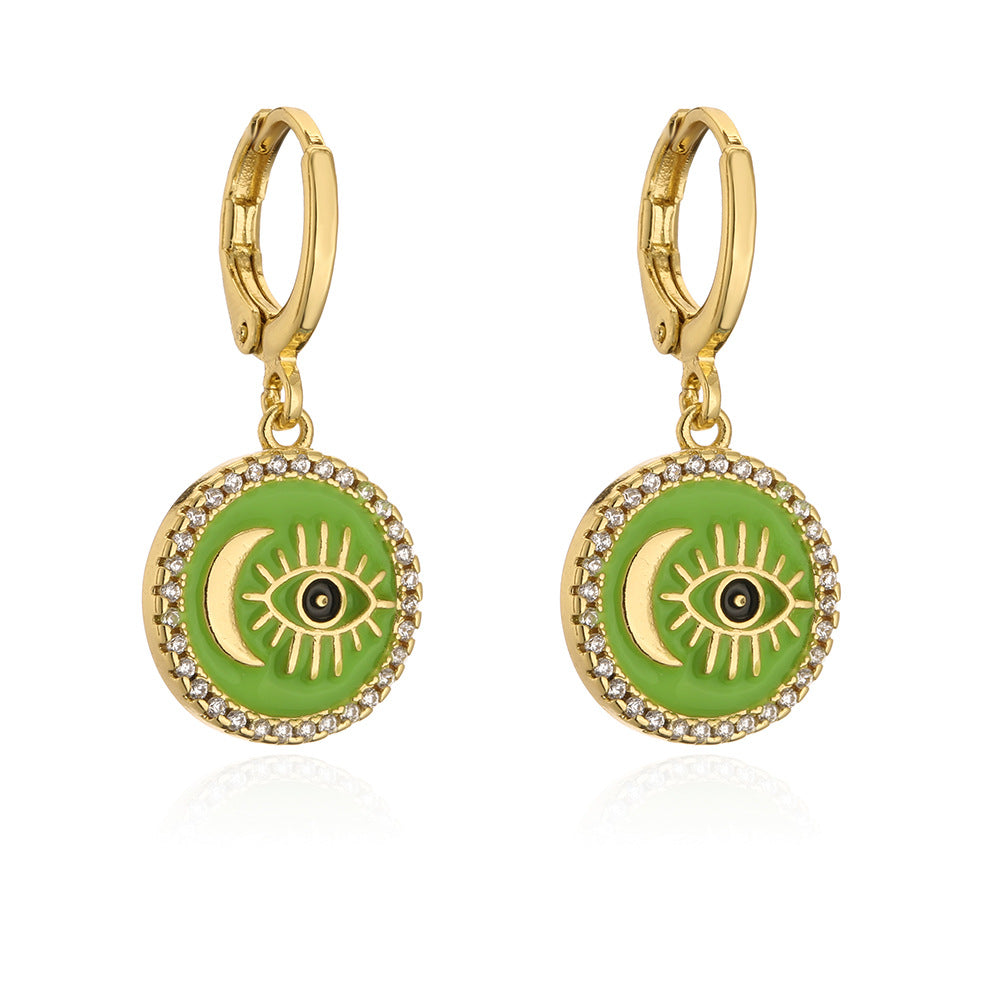 Minimalist Geometric Copper Earrings with 18K Gold Plating and Enamel Eye Detail for Women