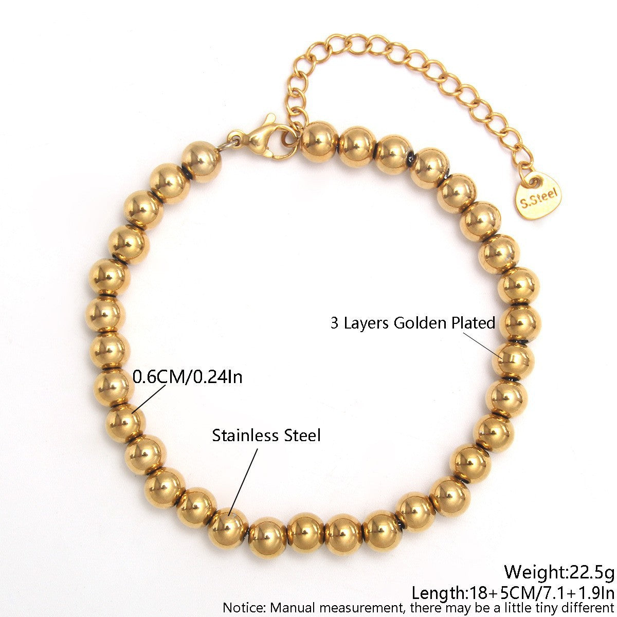 Gold Plated Stainless Steel Ball Chain Bracelet Unisex Elastic Beaded Hand String