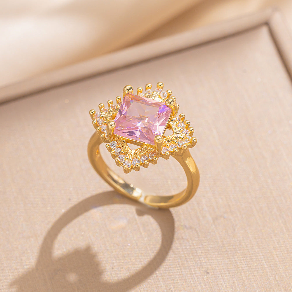 Luxury Minimalist Adjustable Open Ring for Women with Gold-Plated Copper Band and Zircon Stone Accent in Heart and Floral Shape