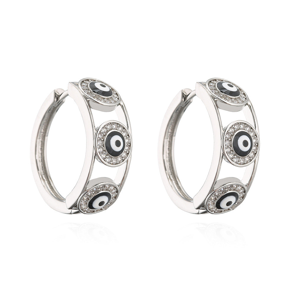 Vintage Style Geometric Copper Ear Cuffs with White Gold Plating and Micro-Paved Zirconia Evil Eye Design