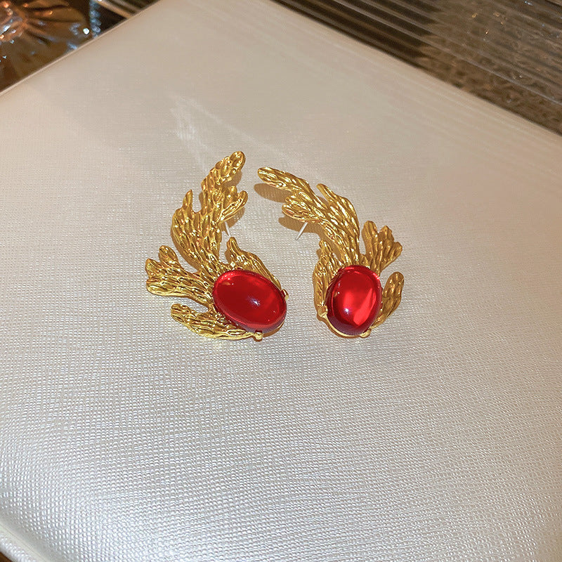 Elegant Geometric Dangle Stud Earrings for Women with Red Tassels, Alloy Base and Gold Plated Finish