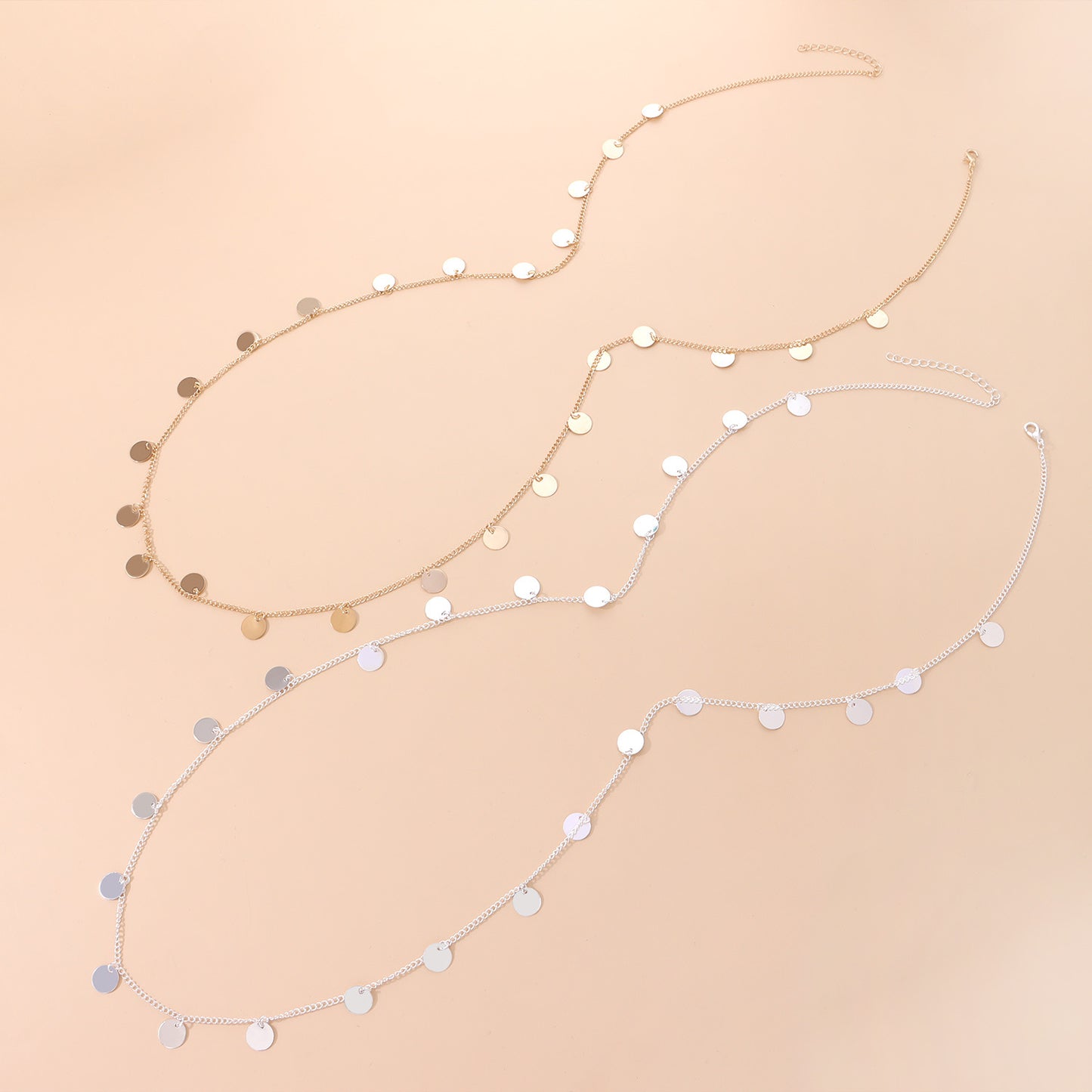 Minimalist Geometric Double Layer Sequin Metal Necklace for Women Adjustable Long Pendant Necklace