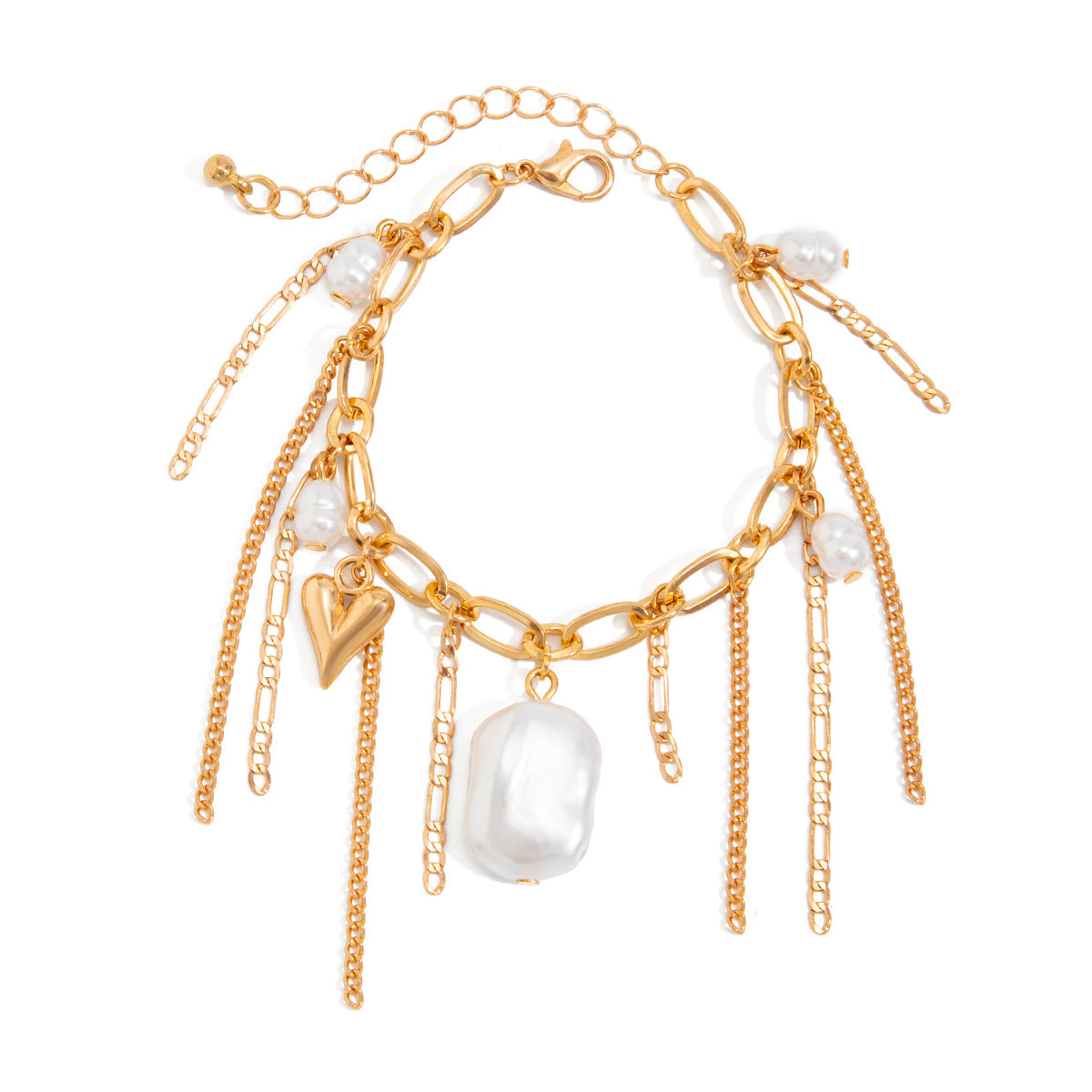 Sweet Heart Pearl Pendant Plated Brass Bracelet with Tassel for Women