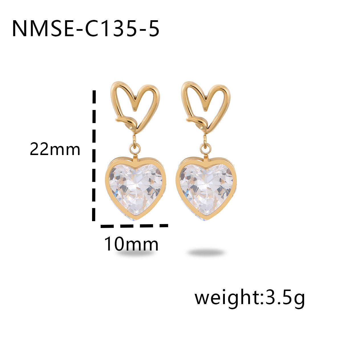 Orecchini da donna alla moda placcati in oro 18 carati in acciaio al titanio con zirconia incastonata a forma di cuore