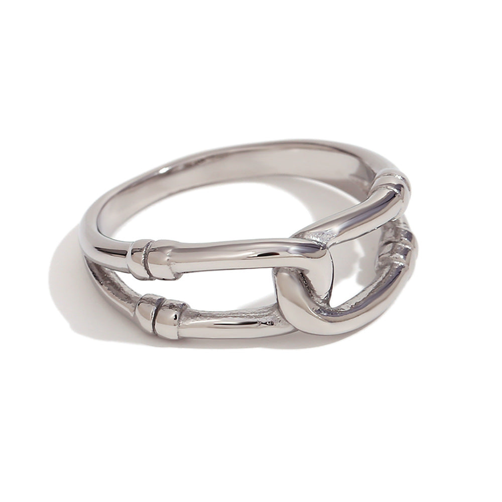 Anillo minimalista de acero inoxidable geométrico con baño de oro de 18 quilates, diseño trenzado hueco de doble capa para mujer