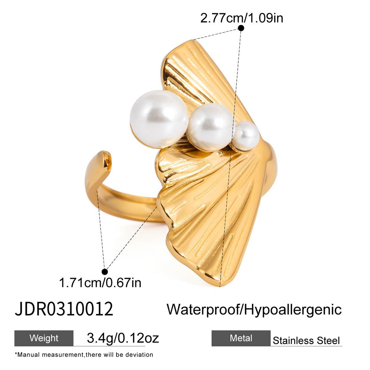 Anello da donna in acciaio inossidabile con motivo geometrico a foglia di ginkgo, placcatura in oro PVD 18K e perla