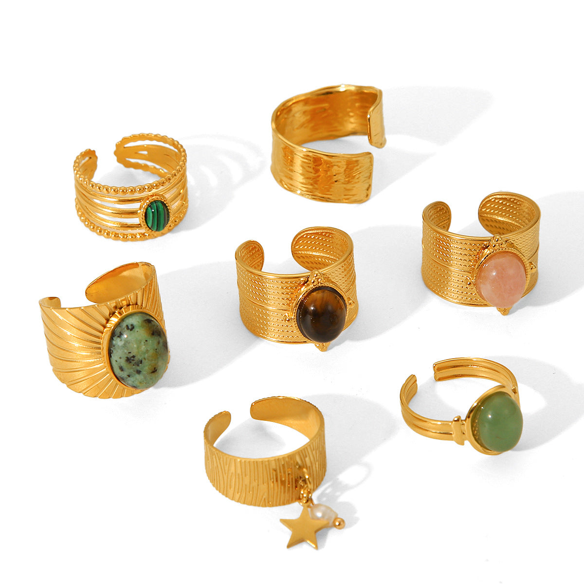 Anello vintage francese geometrico in acciaio inossidabile con intarsio in pietra naturale per donna, fascia in acciaio al titanio ipoallergenico, finitura galvanica