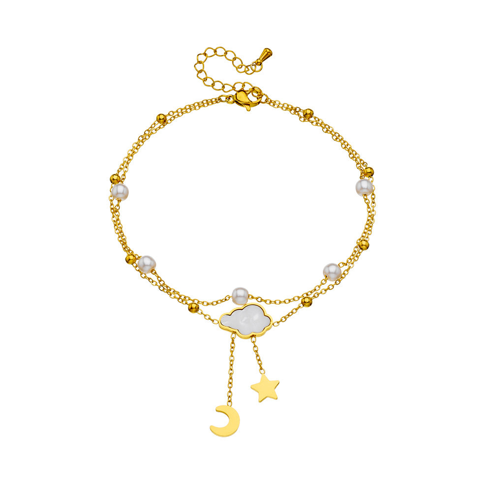 Elegant Stainless Steel Bow Cloud Star Moon Pearl Shell Tassel Anklet for Women