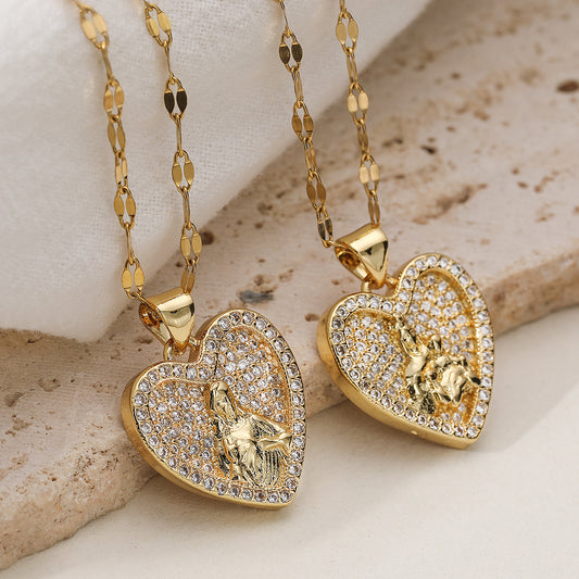 Minimalist Vintage 18K Gold Plated Brass Heart Cubic Zirconia Pendant Necklace for Women