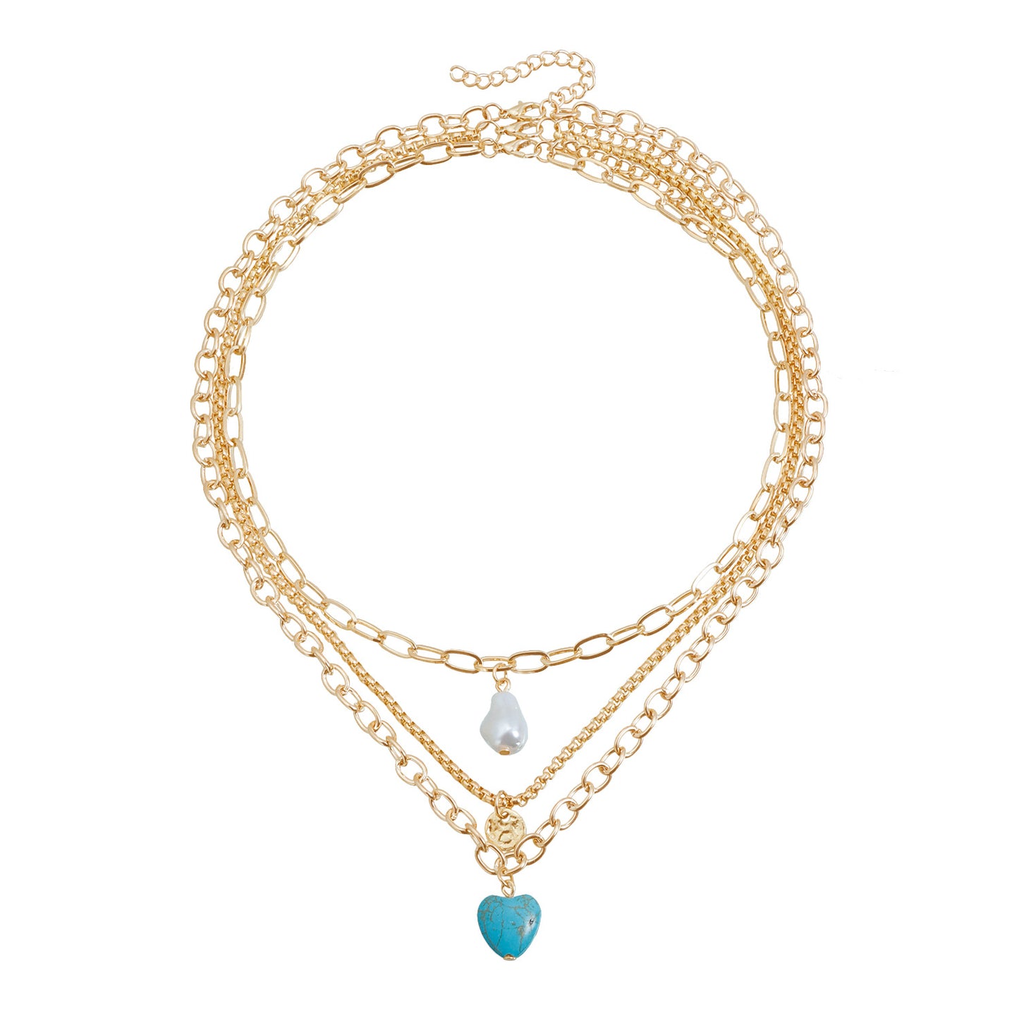 Vintage Heart Geometric Turquoise Inlay Alloy Plated Layered Necklace for Women and Men