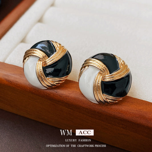 Vintage Geometric Round Black and White Button Stud Earrings in Alloy with Plated Finish for Women