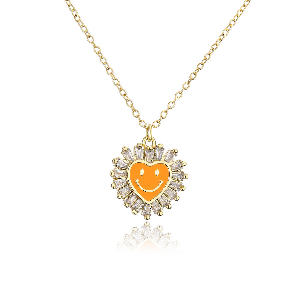 Cute Heart-Shaped Copper Pendant Necklace with Micro-Paved Zirconia and Enamel Smile Design