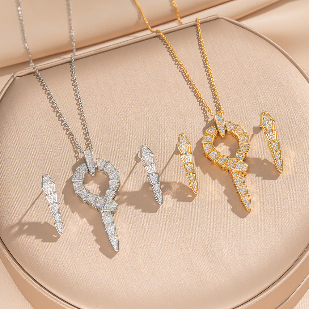 Luxury Minimalist Snake-Shaped Titanium Steel Necklace with Micro-Paved Cubic Zirconia Pendant and Matching Earrings Set