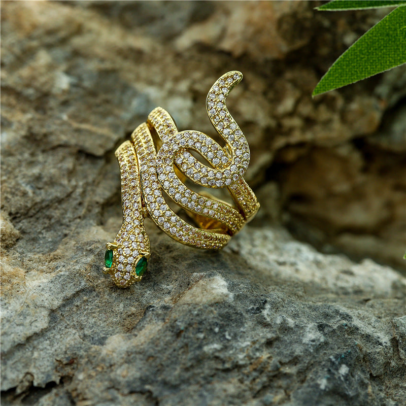 INS Style Geometric Snake Shape Copper Ring with Micro-Pave Zirconia and 18K Gold Plating