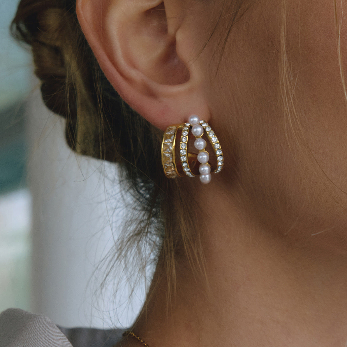 Elegant Geometric C-Shaped Stainless Steel Earrings with Rhinestone and Imitation Pearl Plated Finish for Women