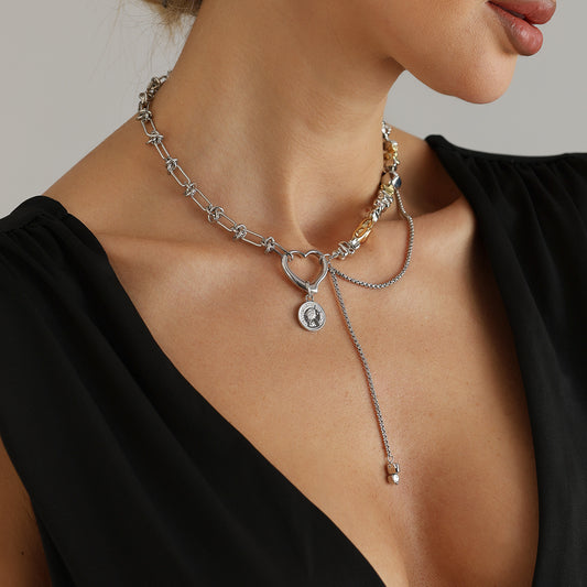 Vintage Heart Geometric Resin Alloy Plated Pendant Necklace with Tassel for Unisex