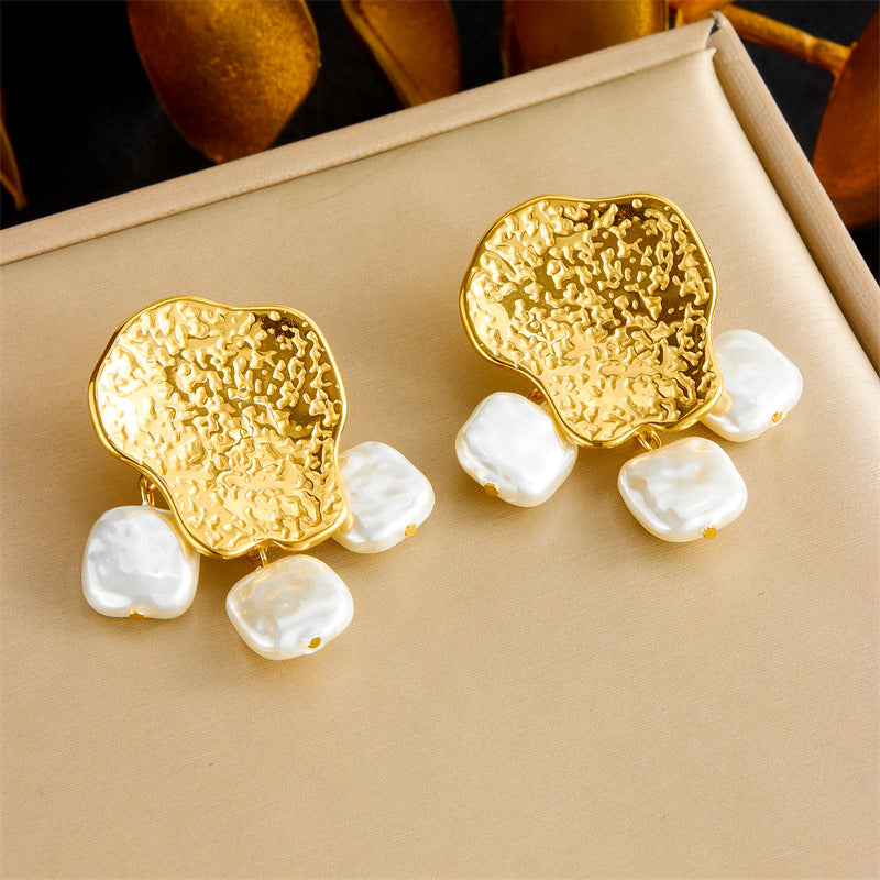 Vintage Gold Plated Geometric Stainless Steel and Pearl Pendant Jewelry Set for Women