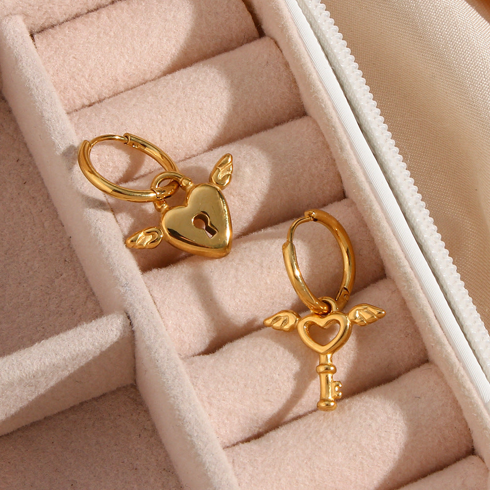 Fashionable Asymmetrical Heart Key Wing Earrings in Stainless Steel with 18K Gold Plating for Women