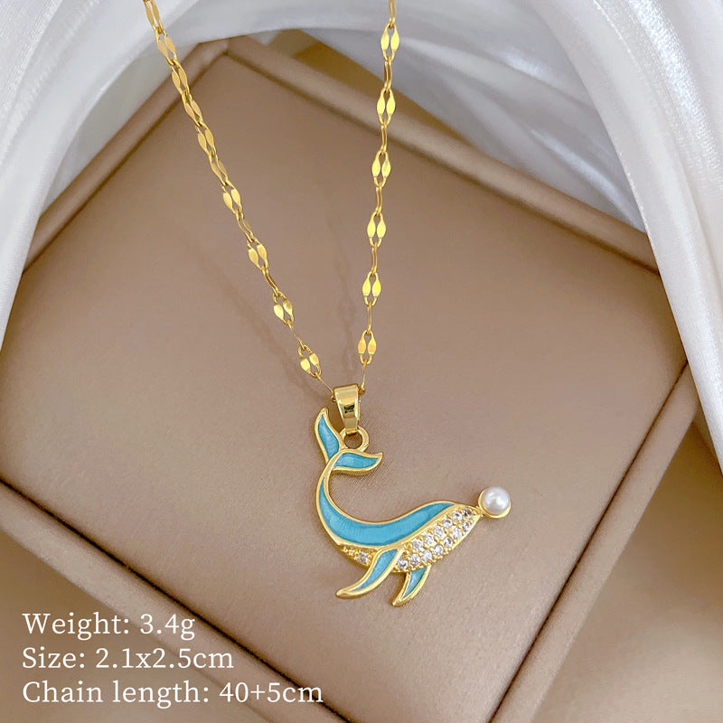Luxury Dolphin Pendant Necklace with Zircon Inlay on Titanium Steel Chain for Women, Geometric Design, Delicate Clavicle Jewelry
