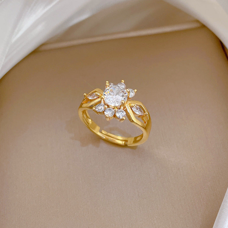Sweet Cartoon Gold Plated Brass Cubic Zirconia Ring Adjustable Open Band for Women and Couples