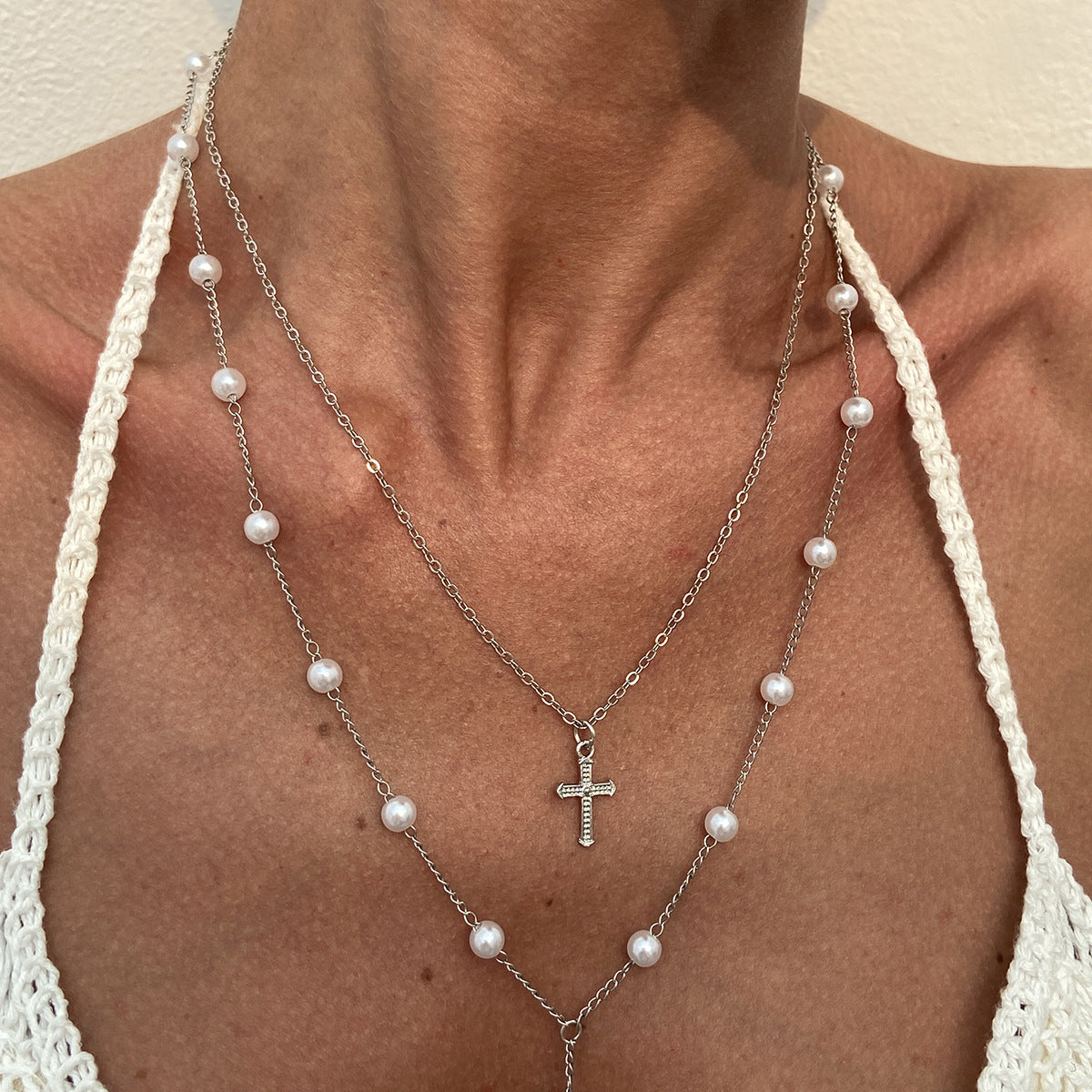 Multi-Layer Faux Pearl Cross Pendant Tassel Alloy Necklace for Women