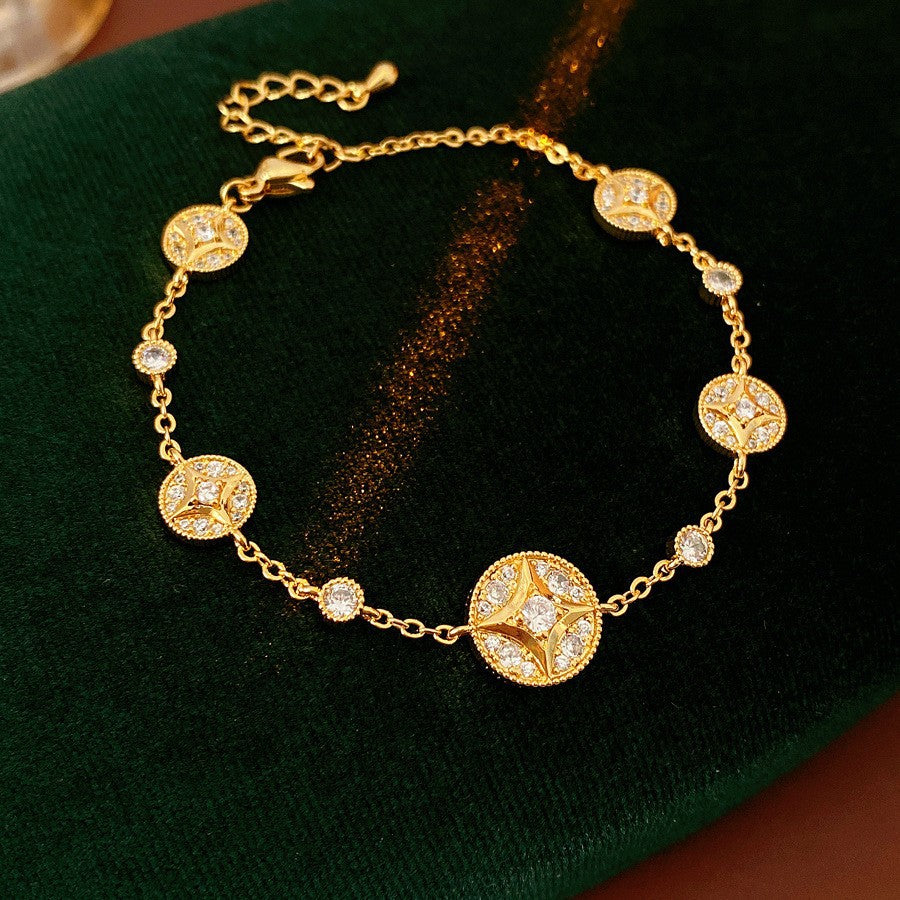 Elegant Geometric Floral Bracelet for Women in Plated Copper with Rhinestone Accents, Minimalist Office Style Hand Jewelry