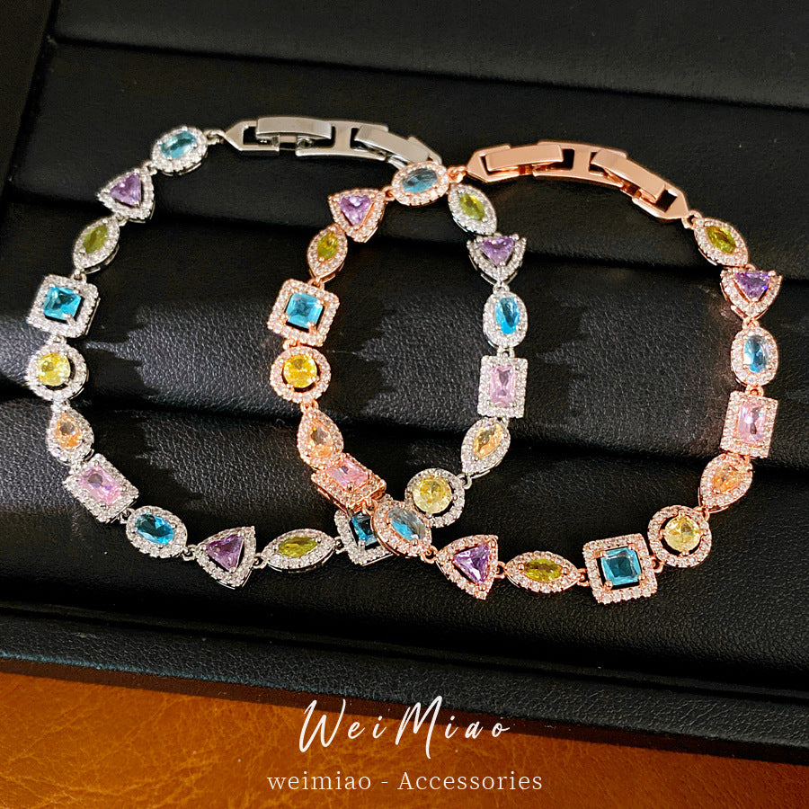 Luxury Elegant Oval Triangle Square Brass Inlaid Cubic Zirconia Bracelet for Women