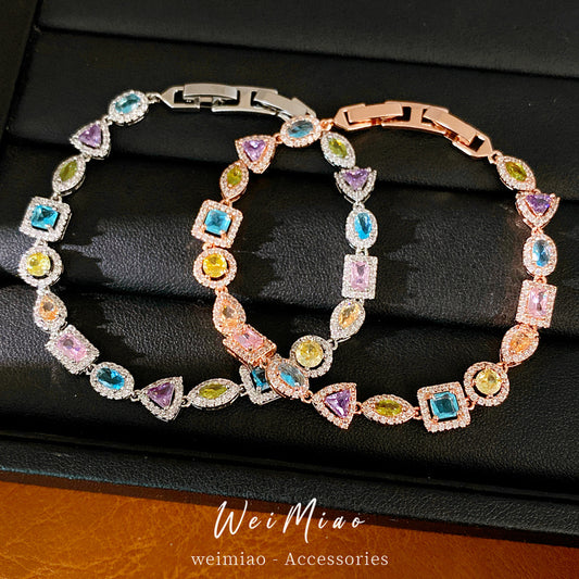 Luxury Elegant Oval Triangle Square Brass Inlaid Cubic Zirconia Bracelet for Women