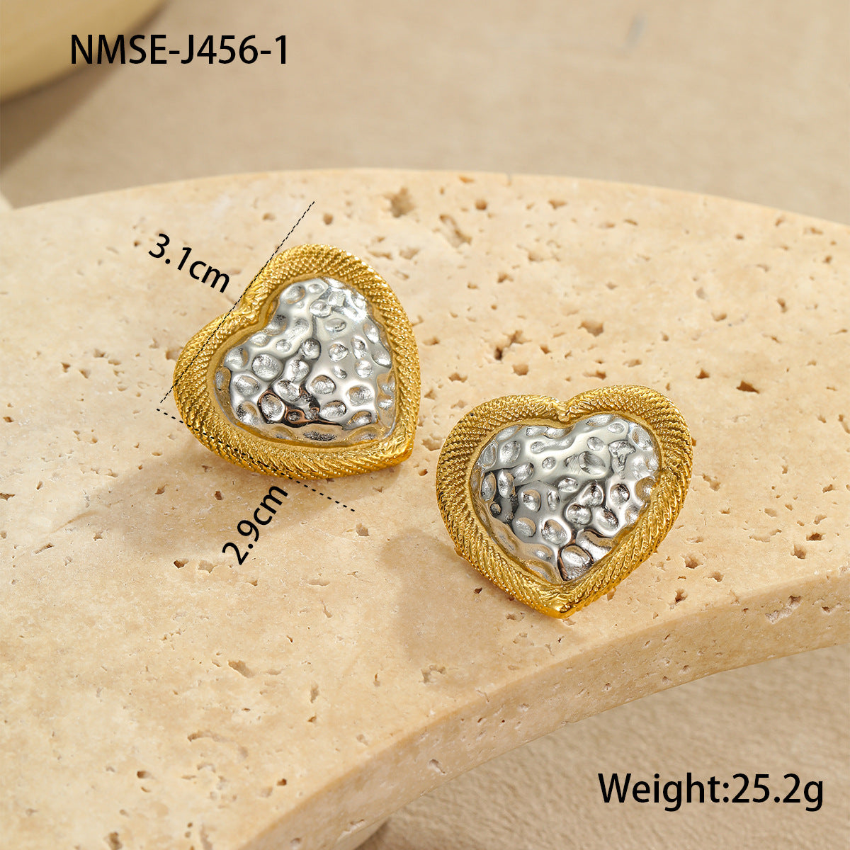 Elegantes pendientes de acero inoxidable con forma de corazón martillado y acabado chapado para mujer