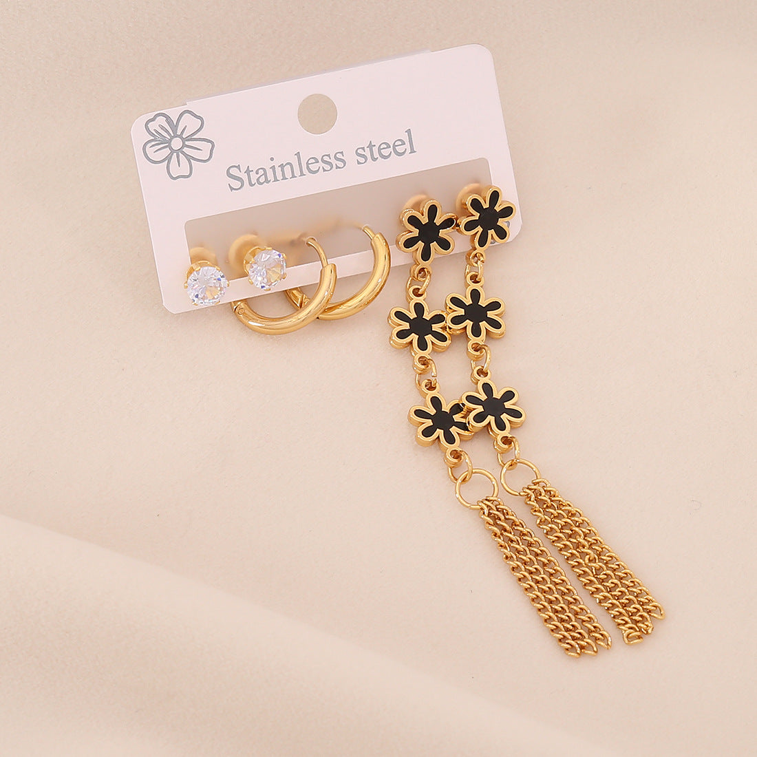 Fashionable OL Style Heart-Shaped Titanium Steel Earrings Set with Electroplated Finish and Floral Six-Petal Flower Design for Women