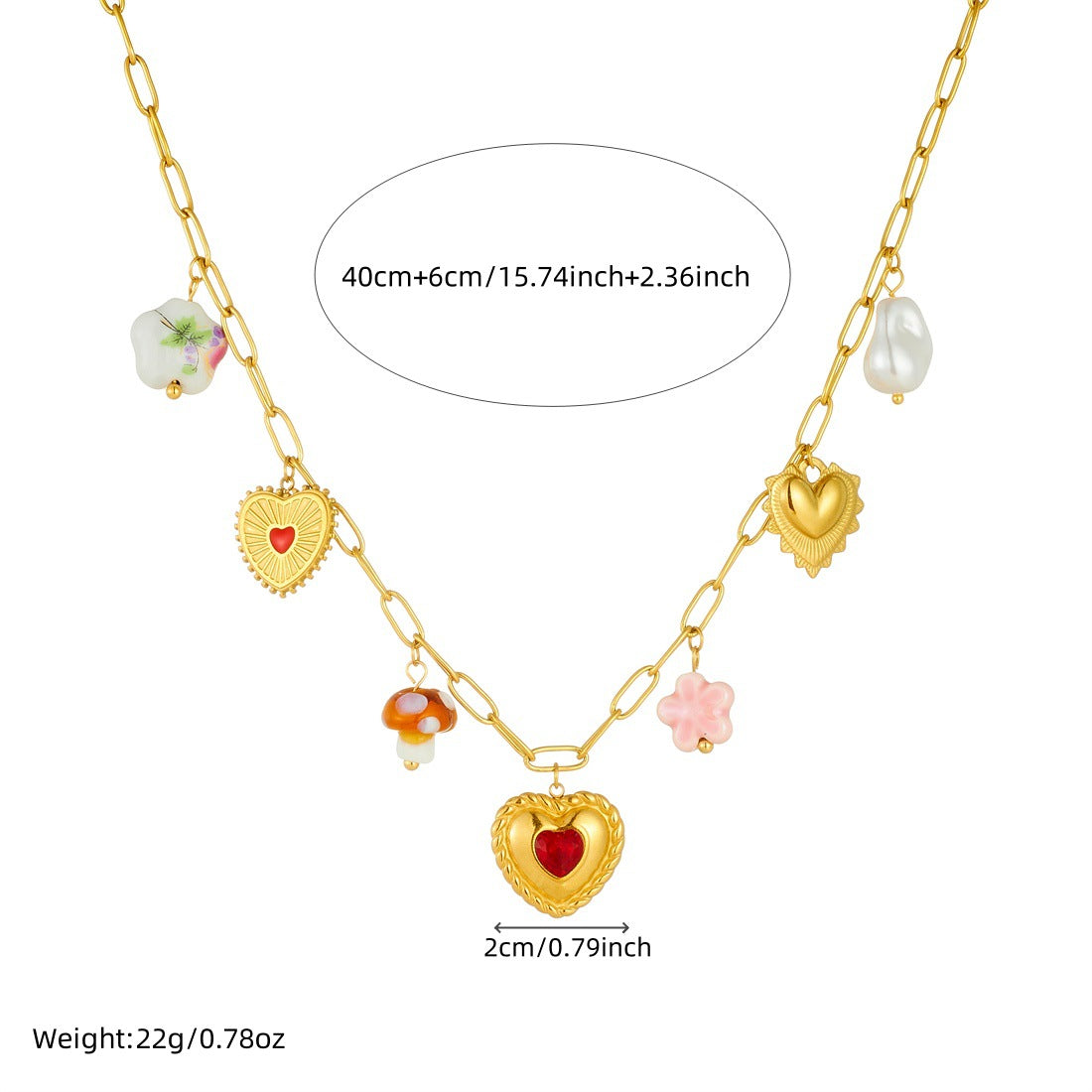 Elegant Gold Plated Rhinestone Inlaid Heart Mushroom Ceramic Pendant Stainless Steel Cable Chain Necklace Set for Women