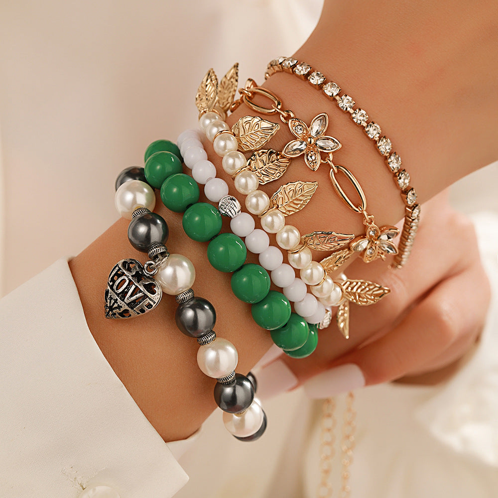 Bohemian Ethnic Floral Alloy Bracelet Set with Pearl Beads