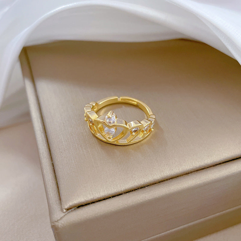 Minimalist Adjustable Crown-Shaped Hollow Ring for Women Made of Brass with Electroplated Finish