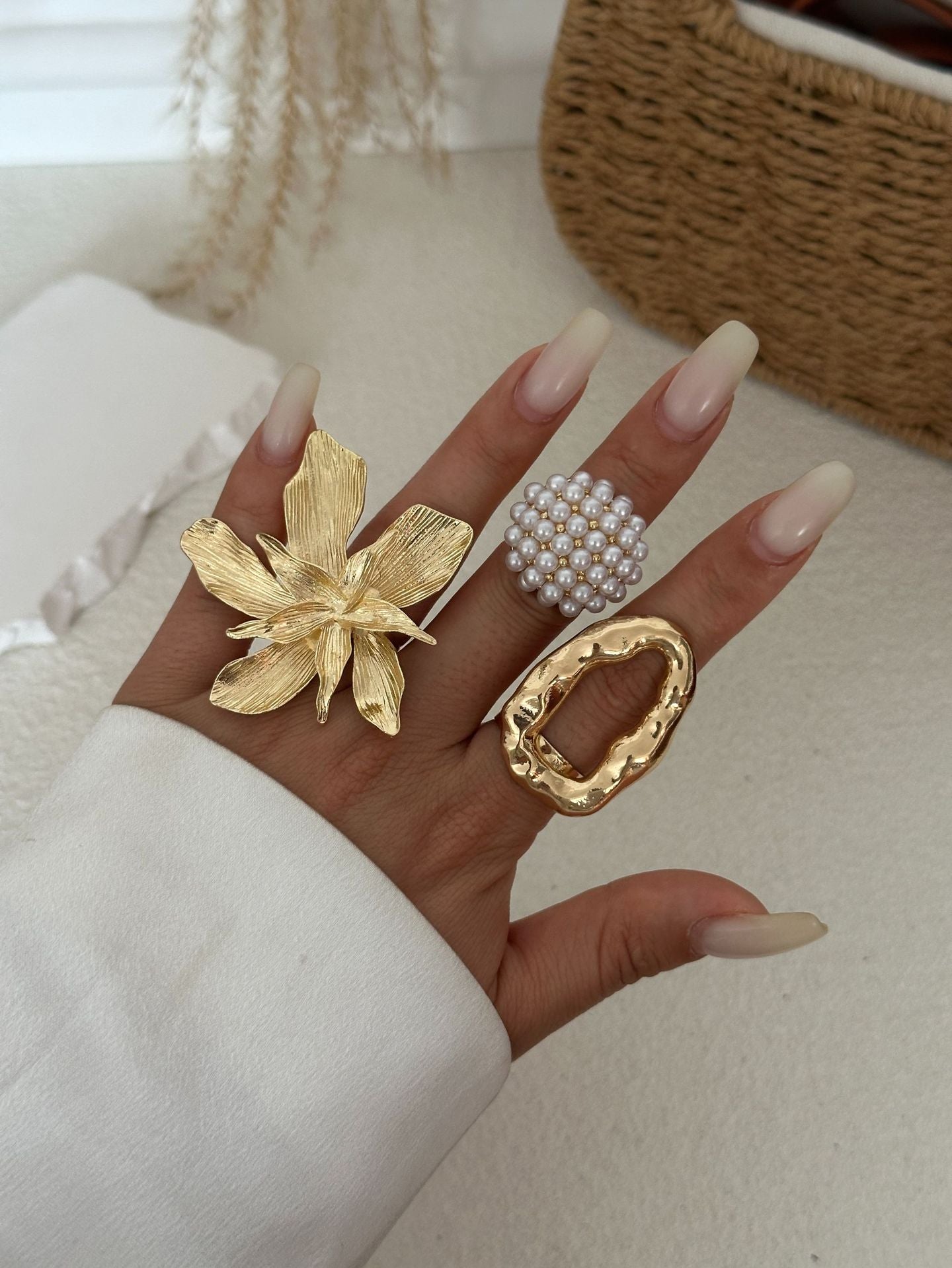 Set di anelli da donna floreali geometrici in lega placcata oro