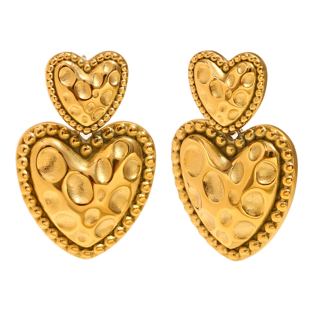 Vintage Fashion Heart-Shaped Earrings in 316L Stainless Steel with 18K Gold Plating and Meteorite Texture