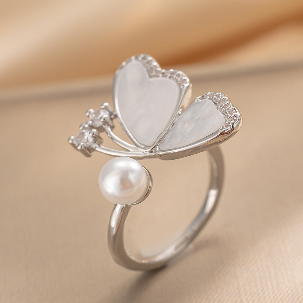 Luxury Minimalist Adjustable Open Ring for Women with Gold-Plated Copper Band and Zircon Stone Accent in Heart and Floral Shape