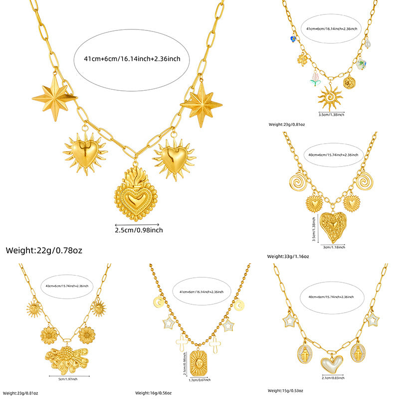 Vintage Chic Gold Plated Stainless Steel Heart Floral Cross Square Pendant Necklace for Women
