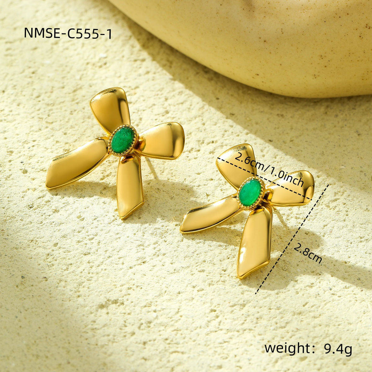 Orecchini Vintage a Fiocco in Acciaio Inossidabile con Placcatura in Oro 18K e Intarsio in Pietra Naturale da Donna