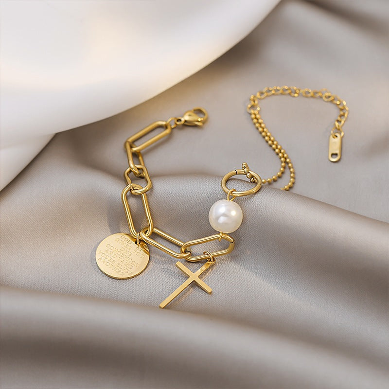 Pulsera minimalista de acero de titanio con cadena irregular, perla, cruz y colgante redondo para mujer